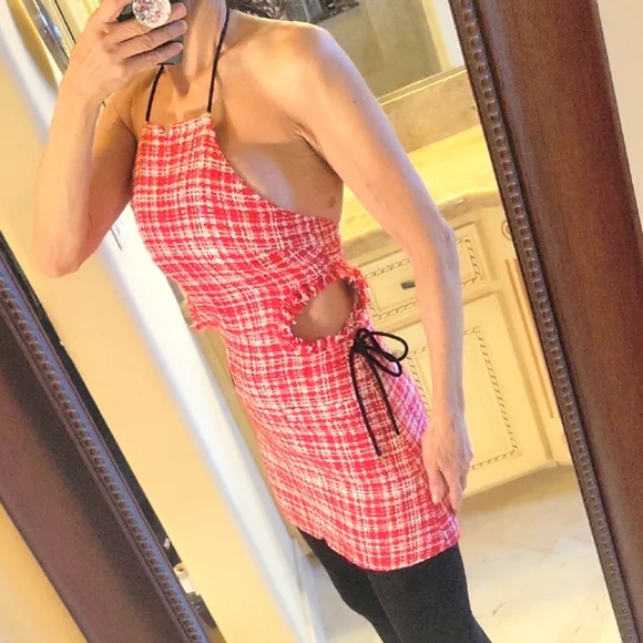 Self-Portrait Red & White Plaid Sleeveless Halter Mini Dress, Sz 0 - Picture 5 of 17